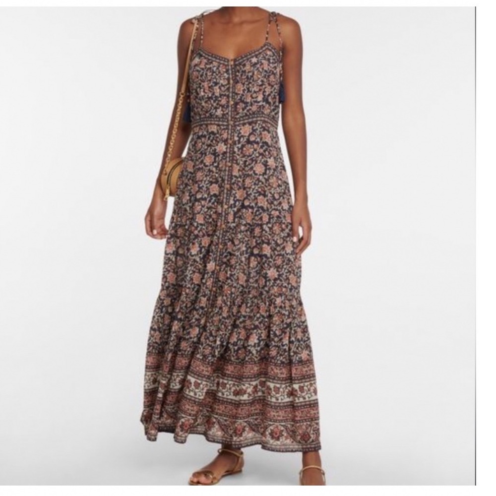 Veronica Beard Floral Cotton Gauze Tiered Maxi Dress Navy Rust Tassel Straps L